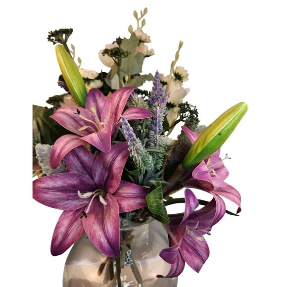Artificial Floral Bouquet Lilies Lavender & Foliage 8 Stems Realistic Faux Arran - Picture 15 of 16